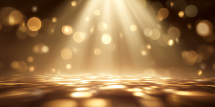 ゴールドの光が広がる高級感あふれるボケ背景とスポットライト｜美容・ジュエリー・イベント演出に最適なラグジュアリーな黄金の抽象デザイン（Luxury golden bokeh background with spotlight for beauty, jewelry and premium event design）