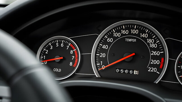 Close-up of car dashboard gauges showing engine temperature and RPM, Offering a detailed view of car dashboard gauges with focus on temperature and RPM indicators