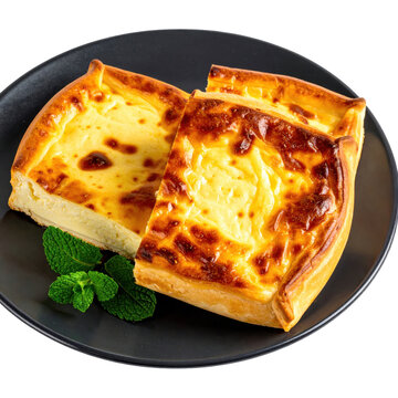 Jani cheese pie, a traditional Latvian caraway cheese dessert served during Midsummer festivities, isolated on white background.