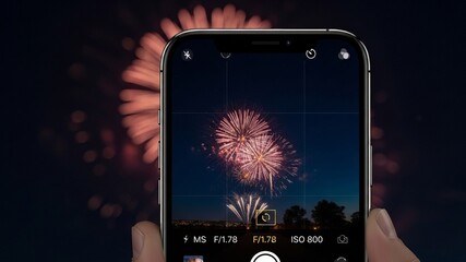 A smartphone captures a vibrant fireworks display against a dark night sky, with blurred fireworks in the background.