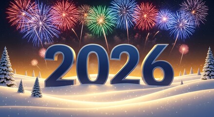 Festive Countdown To The New Year 2026 With Fireworks Display Over Snowy Landscape And Fir Trees