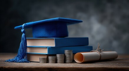 Higher Education Investment: A graduation cap sits atop a stack of books, coins and diploma symbolizing the cost and rewards of higher education. 