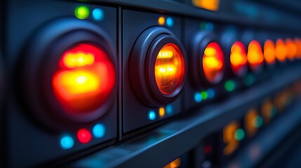 Close up of a server control panel with glowing lights indicating system status and data processing in a modern data center environment