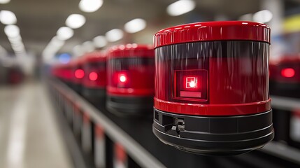 Automated guided vehicles with red safety lights moving along a conveyor belt in a modern factory for efficient material handling systems