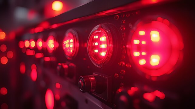 Close up of glowing red led lights on a panel creating a vibrant and futuristic atmosphere with a sense of technological advancement - Powered by Adobe