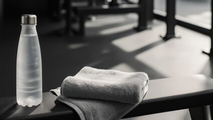 Gym workout essentials water bottle and towel on bench in black and white.