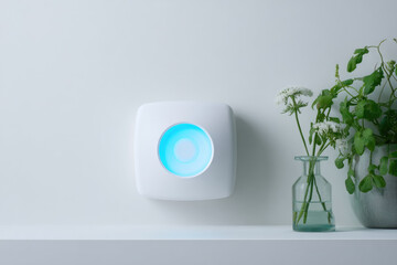 Modern iris scanner device with glowing blue light enhances eye security in minimalist interior setting with green plant and glass vase on white shelf