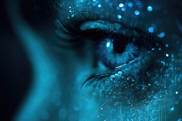 Iris and eye illuminated in blue light with digital scanner effect representing advanced security technology and futuristic biometric identification