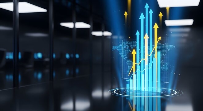 A vibrant blue and yellow bar graph with upward arrows emerges from a digital platform, superimposed on a faint world map, symbolizing economic growth and data analysis. - Powered by Adobe