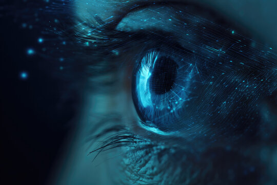Iris eye scanner security technology concept showing close up of human eye with digital patterns and blue light representing biometric identification and futuristic protection