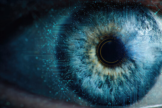 Close up blue iris eye scanner security concept, macro photography of human eye with digital circuit pattern overlay, representing biometric identification and futuristic technology innovation