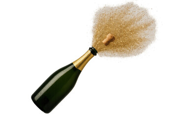Champagne bottle popping cork with golden glitter explosion