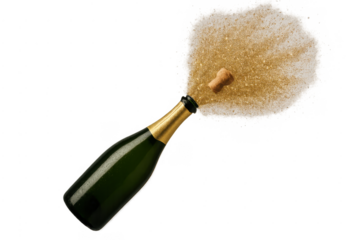 Champagne bottle popping cork with golden glitter explosion