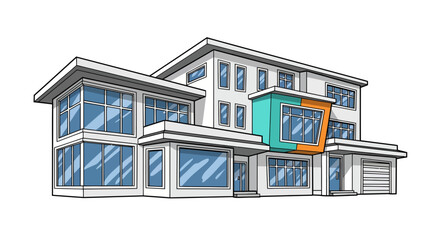 Architectural visualization of a modern home design with large windows and geometric forms