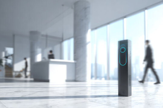 Iris eye scanner security device stands in modern office lobby with bright natural light and blurred business people walking in background, emphasizing advanced access control technology