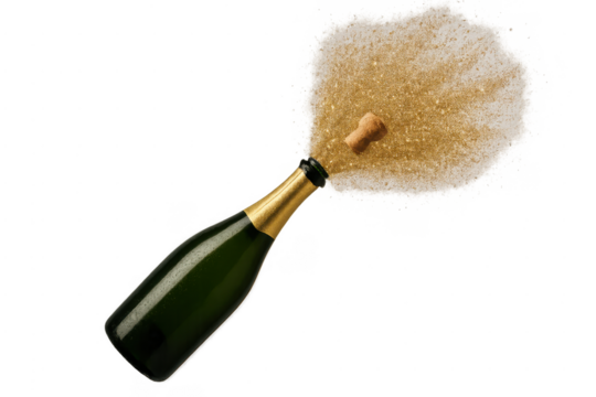 Champagne bottle popping cork with golden glitter explosion