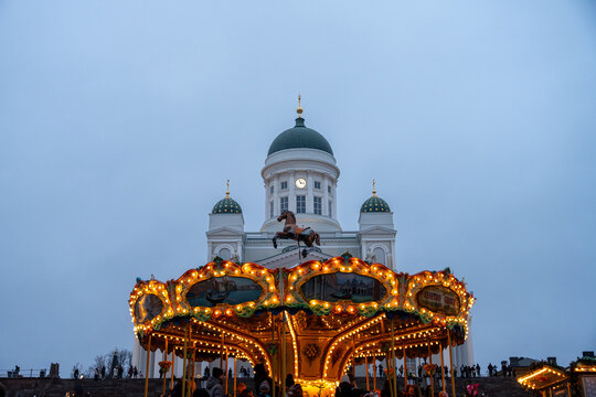 Helsinki Cathedral (Tuomiokirkko) during the Christmas season, featuring the unique Finnish Christmas Market in wintertime, Helsinki, Finland, 2025.