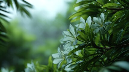 Exotic tropical blossoms enveloped in verdant foliage capturing a serene vibe