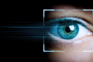 Iris scanner technology focuses on human eye for advanced security solutions, highlighting biometric identification and digital protection in futuristic style