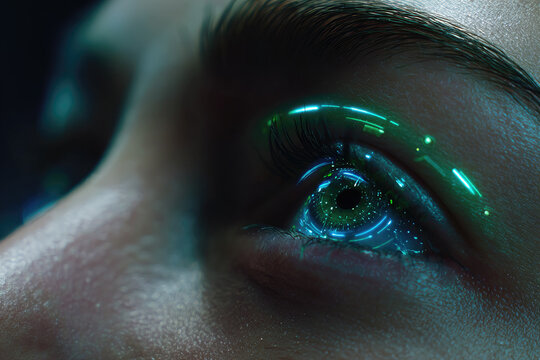 Iris eye scanner security technology futuristic glowing biometric identification closeup human face digital innovation concept
