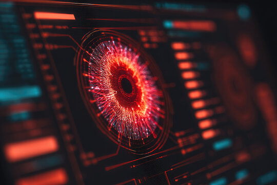 Iris scanner security interface displays digital eye pattern with vibrant red and orange colors, symbolizing advanced biometric technology and futuristic data protection system - Powered by Adobe