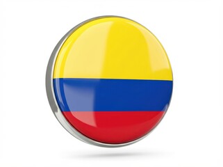 Fototapeta premium A glossy, circular badge featuring the flag of Colombia, with a metallic border.