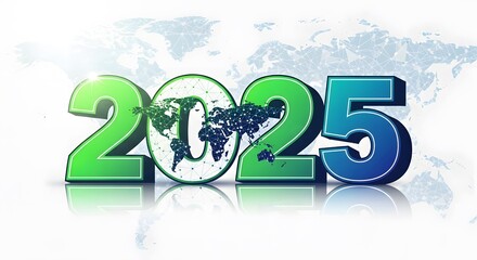 The year 2025 is visualized with a futuristic digital world map background, symbolizing global technology growth, digital transformation, interconnectedness, and emerging trends shaping the future.