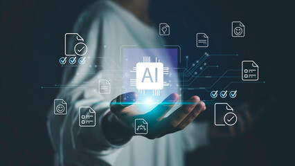 Hand holding glowing AI icon with floating digital documents, symbolizing AI-powered document management, automation, data processing, and smart tracking for modern business solutions and efficiency.