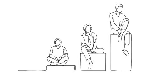 Continuous line art of three people sitting on ascending platforms, illustrating career development, progression, and achievement. Vector, illustration