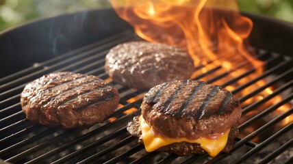 Three grilled hamburger patties on a barbecue grill with flames perfect for summer cookouts and food photography