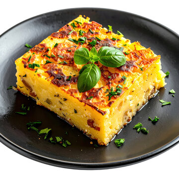 A close-up of golden brown kugelis, showcasing its crispy crust and soft potato interior, isolated on a white background.