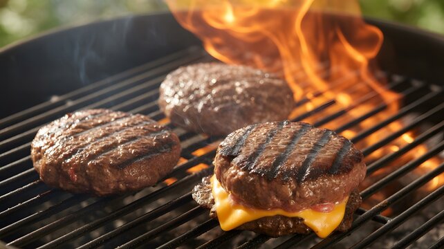 Three grilled hamburger patties on a barbecue grill with flames perfect for summer cookouts and food photography