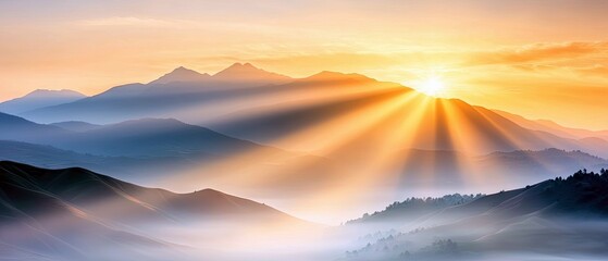 A beautiful landscape featuring mountains bathed in the golden light of sunset, with sun rays breaking through the clouds.
