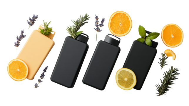 Car air freshener bottles with citrus and herbs on Transparent Background