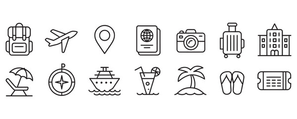 Plan your next adventure with these icons of travel and vacation destinations including tropical islands, cruise ships, passports and flights