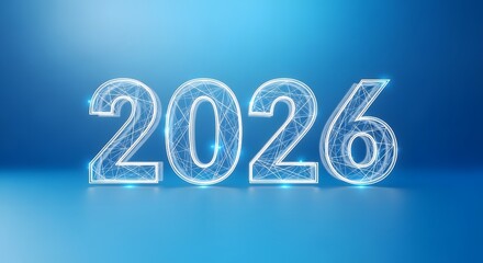 Illuminated digital numbers representing the year 2026, rendered in a futuristic, glowing effect with intricate circuitry patterns against a deep blue gradient.