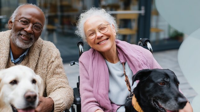 Elderly couple enjoys companionship with dogs at outdoor seating area on sunny day
