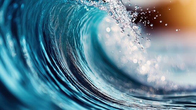Close-up of a powerful ocean wave cresting with water droplets and sunlight. - Powered by Adobe