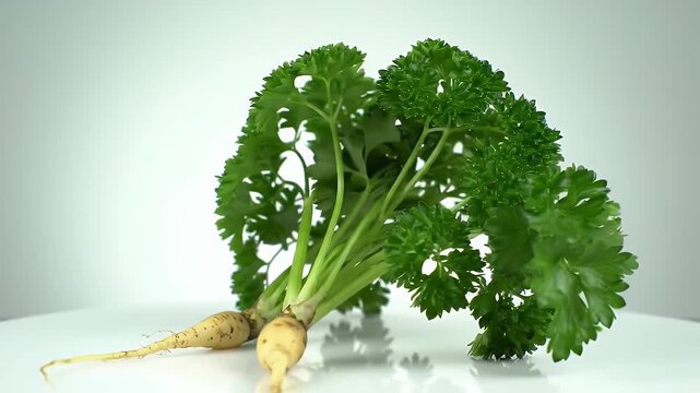 Fresh Green Parsley Roots on White Surface With Studio Lighting