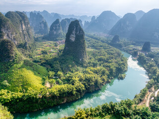 Longjiang River Bend Winding Through Karst Mountains in Guangxi China