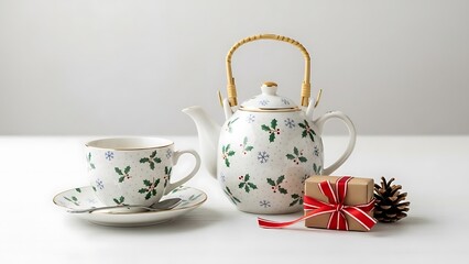 Fototapeta premium Festive Christmas tea set with holly and snowflake design, gift and pinecone