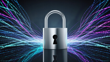 Cybersecurity Concept with Padlock and Flowing Binary Code in Digital Environment