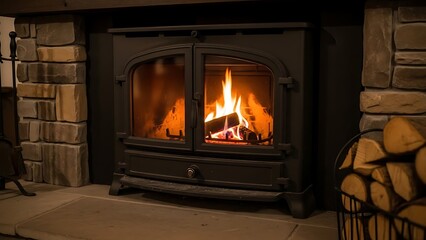 Cozy fireplace with burning flames and stacked firewood for a warm ambiance