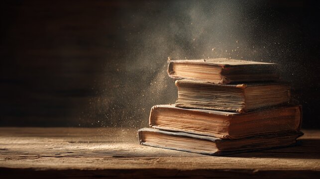 Stacked old books covered in dust on wooden table in a dimly lit room - Powered by Adobe