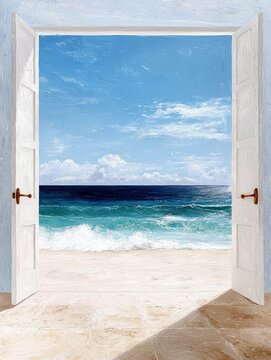 View of a beach and ocean through open doors on a sunny day. The doors are white, and the sky is blue with clouds.