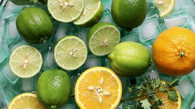 Overhead View of Fresh Citrus Fruit with Ice Cubes on Green Background