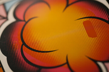 Vibrant comic book style explosion cloud with halftone dots and bold colors