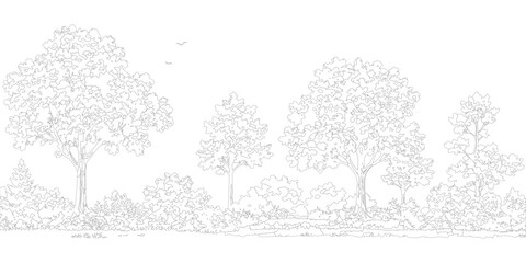 Minimal style cad tree Monochrome forest landscape outline drawing on white background