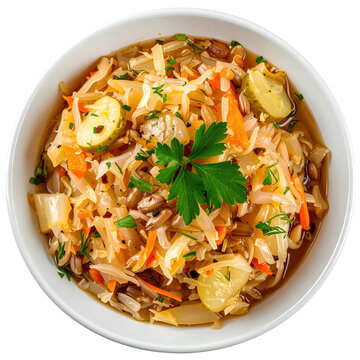 Golden brown mulgikapsad baked in a clay pot, a traditional Estonian dish isolated on a white background.