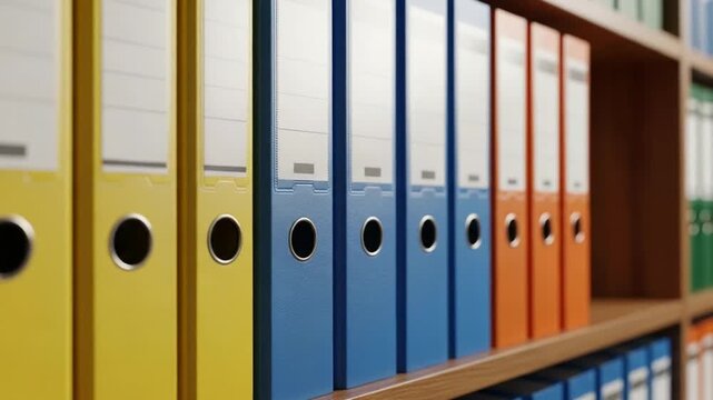Row of colorful office binders neatly arranged on a wooden shelf in an archive or business setting for document organization and storage solutions